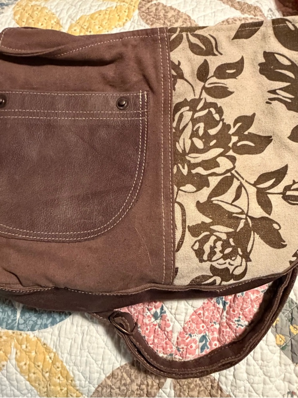 Brown Canvas Floral Crossbody Bag